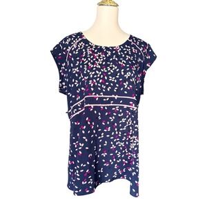 Motherhood Maternity Navy Blue‎ Pink Petal Print Empire Waist Blouse XL 93121